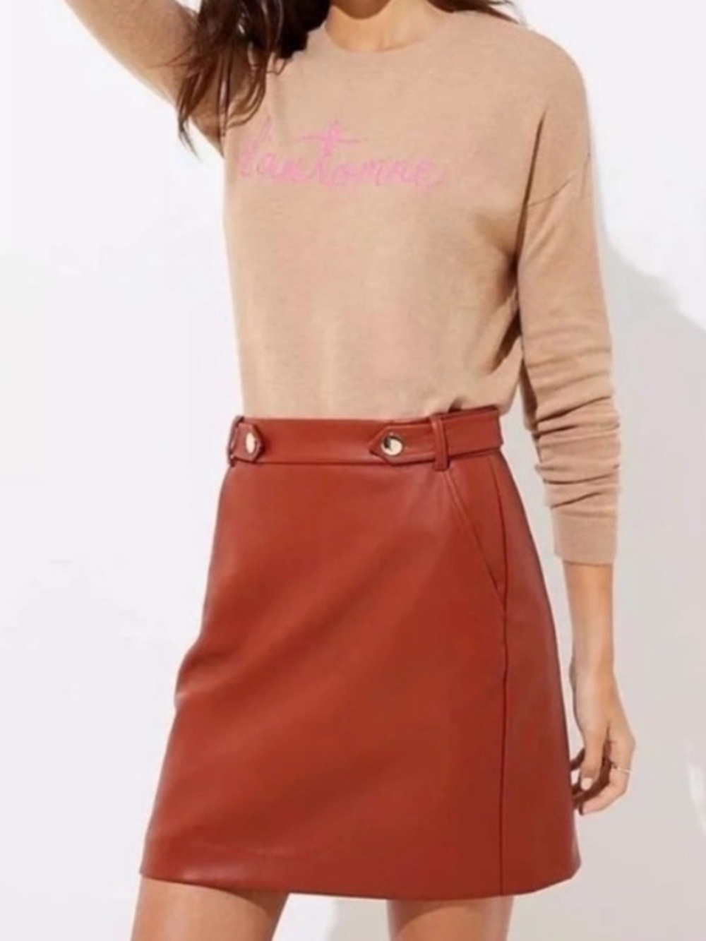 LOFT Women's Vegan Leather A-Line Mini Skirt in Cognac - 2